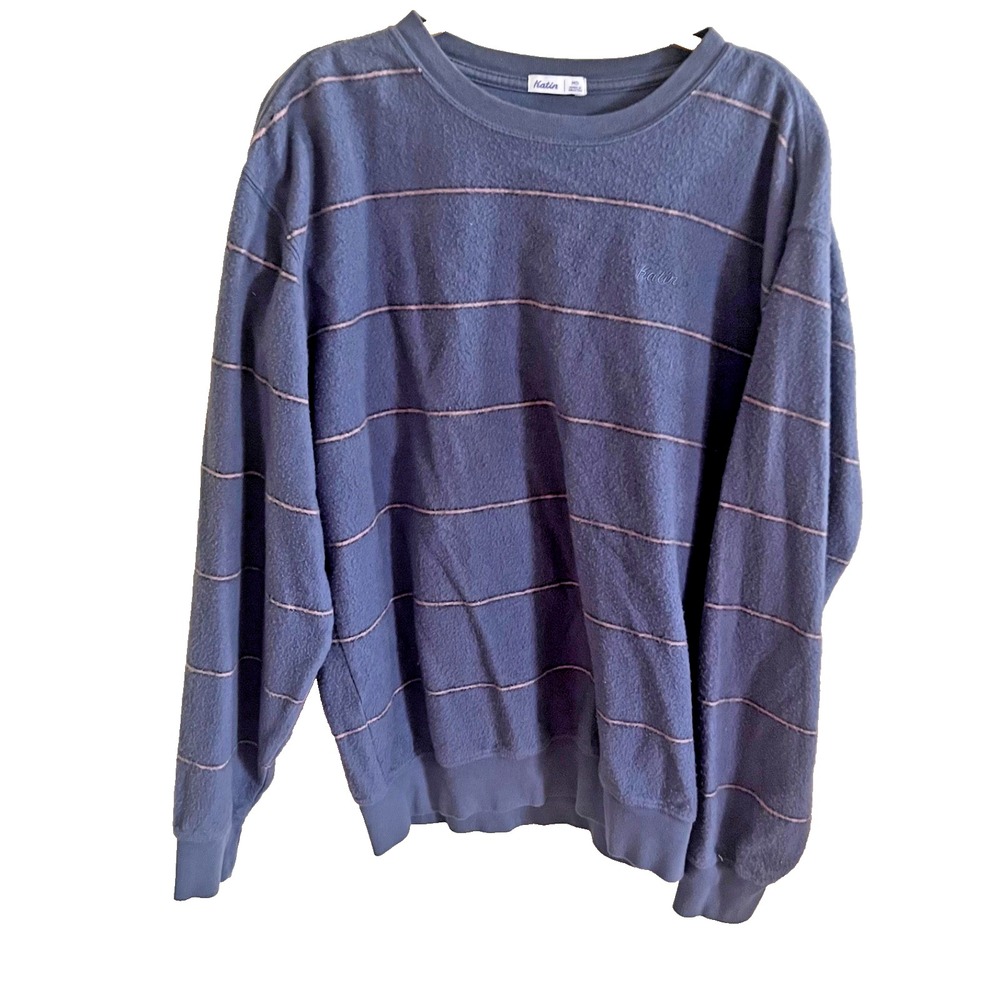 Katin Mens Crewneck Sweatshirt Blue‎ Peach Fuzzy Striped Pullover Cotton Sz M